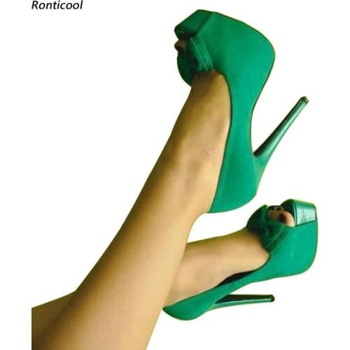 Ronticool New Fashion Women Platform Pumps Butterfly Knot Stiletto Heels Peep Toe Gorgeous Green Party Shoes US Plus Size 5-20