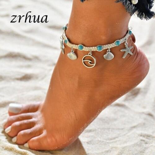 ZRHUA New Starfish Anklet Vintage Shell Style Round Beads Pendant Anklets For Women Charm Chain Foot Jewelry Boho Bijoux Jewelry