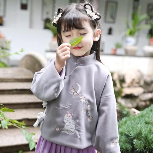 Autumn Winter Girls Chinese National Style Embroidery Retro Coat Children Traditional Tang Dynasty Girl Hanfu Cat Lace Clothes