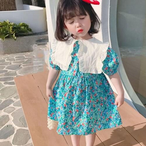 Summer Girls' Dress Sweet New Style Flower Buttons Big Lapel Dress Baby Kids ChildrenS Clothing For Girl