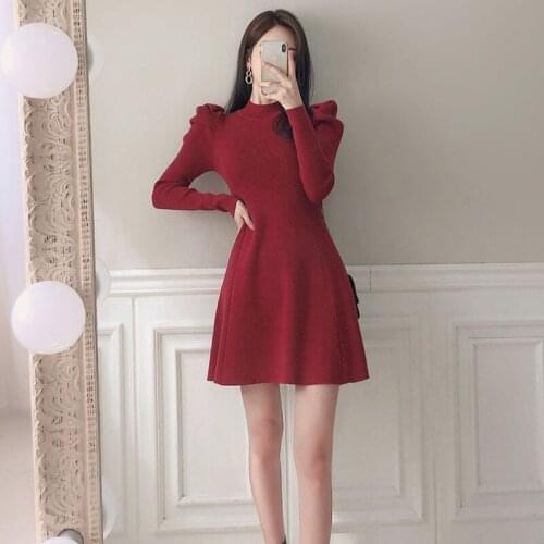 Elegant Puff Sleeve Office Lady Sweater Dress Women Knitted Party Dress Autumn Winter Slim A-Line Casual Mini Dress Korean B622