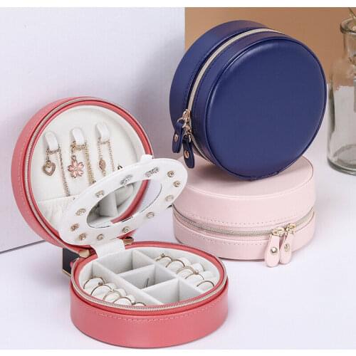 HOT Portable Round Jewelry Box Travel Zipper PU Leather Jewellery Packaging Display Organizer Gift Box Earring Storage Case