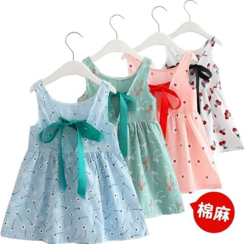 1-5 Year Baby Girls Casual Dress Sleeveless Flower Bow Tie Clothes Kids Summer Princess Dress Children Party Cotton Linen Dress