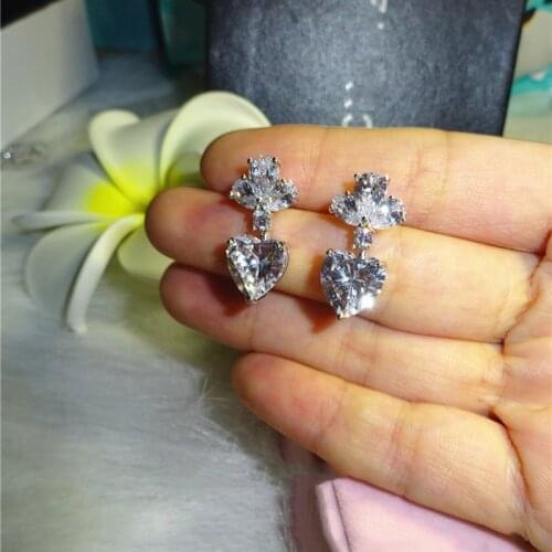 Female Heart shape Dangle earring AAAAA Cz Real 925 Sterling silver Party wedding Drop Earrings for women Statement Jewelry Gift