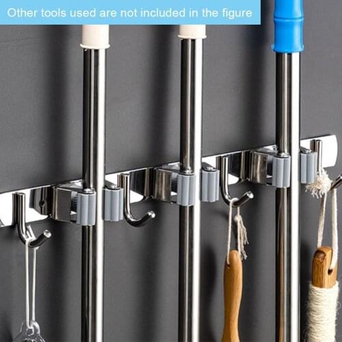 3 Hole 4 Hooks Wall Mounted Steel Broom Mop Brush Holder Rack Kitchen Bathroom Shelf Storage Organizer Hanger For Home
