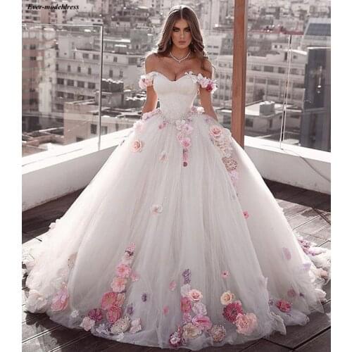 Princess Wedding Dresses 2020 Ball Gown Off Shoulder 3D Flowers Beaded Corset Back Bride Dress Bridal Gowns Vestido De Noiva