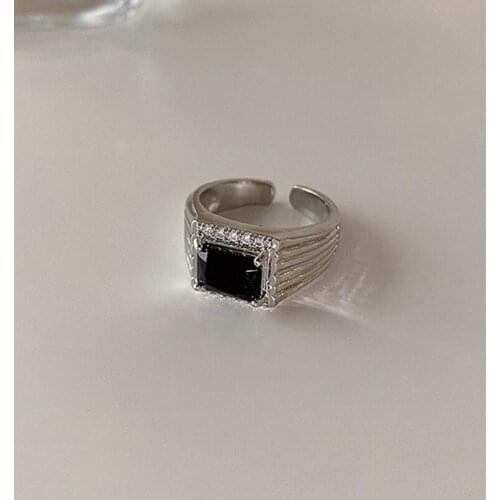 U-Magical Concise Square Black Cubic Zircon Ring for Women Elegant Silver Color Metal Open Adjustable Index Finger Ring Jewelry