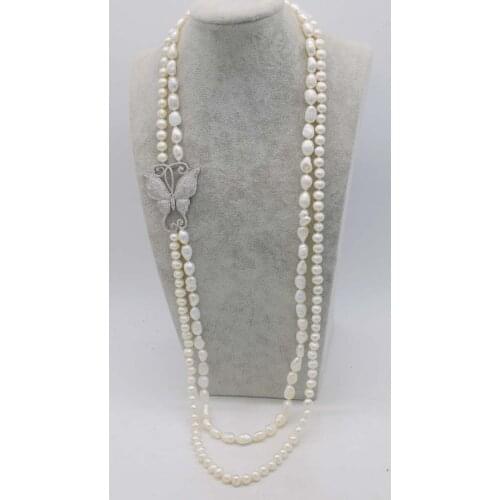 Wow! 2rows freshwater pearl white baroque near round butterfly pendant necklace 32-35inch