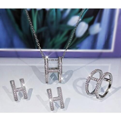 Female Luxury Crystal Ring Earrings Necklace Sets Simple Fashion H Letter Jewelry Sets For Women Bridal Wedding Engagement Sets