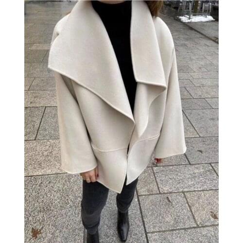 [ElfStyle] - Woman WOOL CASHMIRE Annecy jacket Big Lapel Collar dark grey melange / BLACK / ivory Fashion Short Coat