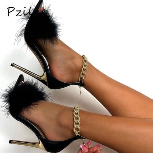 Pzilae New Summer Sandals Women Shoes Ankle Chain Thin High Heels Shoes Fashion Fur Design Open Toe Wedding Party Pumps Black