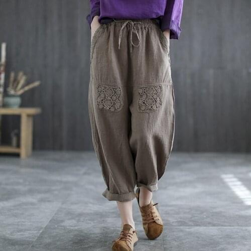 Johnature Women Casual Pants Vintage Linen Elastic Waist Cut Out Lace Stitched Pocket Capri 2021 Autumn Belt Loose Haren Pants