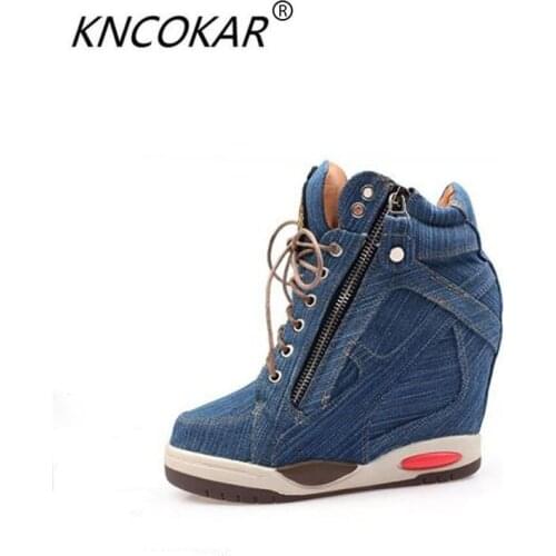 KNCOKA Summer new style women comfortable wedge heel fashion simple denim canvas fish mouth open toe single shoe