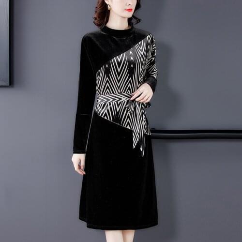 2021 Black Gold Velvet Patchwork Midi Dress Women Elegant Bodycon Party Vestido Spring Autumn 4XL Plus Size Vintage Casual Dress