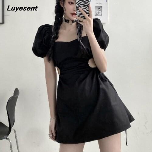 Black Gothic Women Sexy Backless Mini Dress Summer Square Collar Puff Short Sleeve Dresses Dark Goth Korean Fashion Clothes