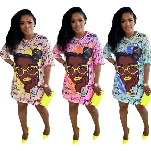 2021 Graffiti Character Print Loose T Shirt mini Dress Women Short Sleeve Tunic Mini Dress Streetwear Casual Summer Dresses