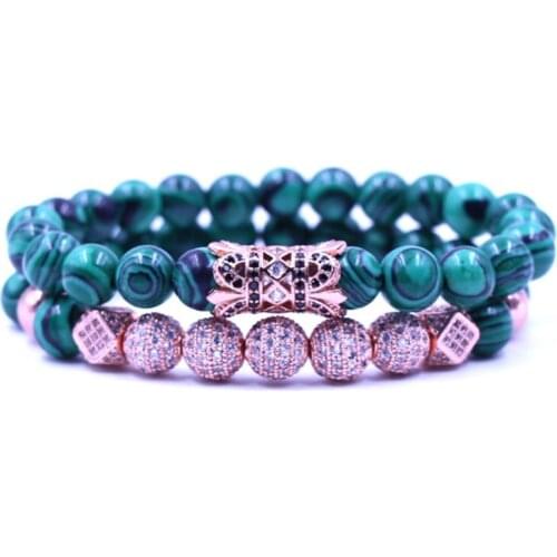 8mm 2PCS/Set rose gold tgh2 elastic adjusted nature malachite bead micro pave cz zircon cubic zirconia tube Bracelet