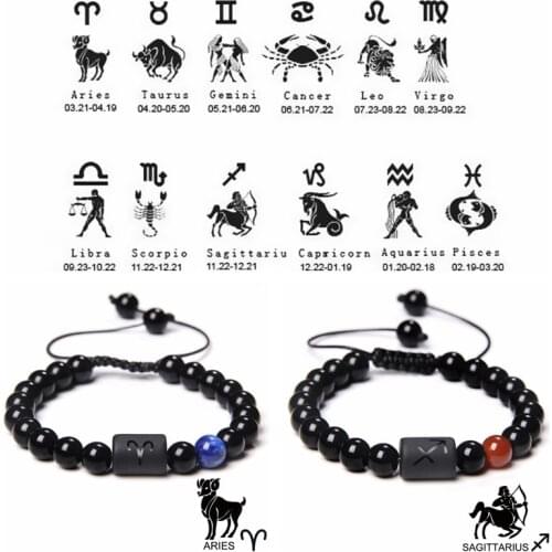 8mm Beads 12 Constellation Charm Woven Bracelet Zodiac Sign Black Braided Aries Leo Libra Women Men Couple Bracelet Jewelry Gift