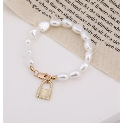 FYJS Unique Light Yellow Gold Color Lock Connect Irregular Shape Pearls Bracelet for Anniversary Gift