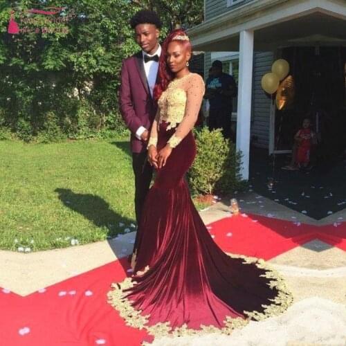 Burgundy and Gold Prom Dresses New Design Hot Selling Beaded Long Sleeve Appliques Mermaid Black Girls Pageant Dress W066