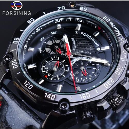 Forsining Fashion Mens Watch Automatic Black 3 Dial Calendar Luminous Hand Reflective Leather Band Mechanical Watches + Gift Box