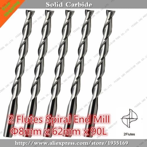 8mm*62mm,10pcs,Free shipping 2 Flutes End Mill,CNC machine milling Cutter,Solid carbide woodworking tool,PVC,MDF,Acrylic,wood