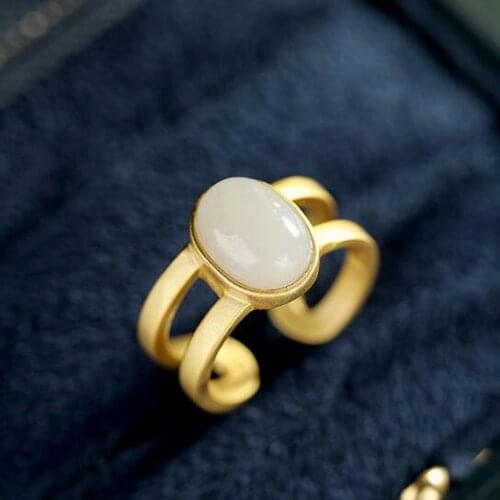 Natural Hetian Jade White Jade Oval Ring S925 Sterling Silver Ring Personality Egg Noodle Ring Fashion Personality Jewelry Women