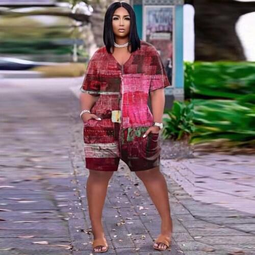 Pattern Print Loose Rompers Womens Bodysuit Fashion Short Sleeve Deep V Neck One Piece Overall Summer Pockets Sporty Playsuits