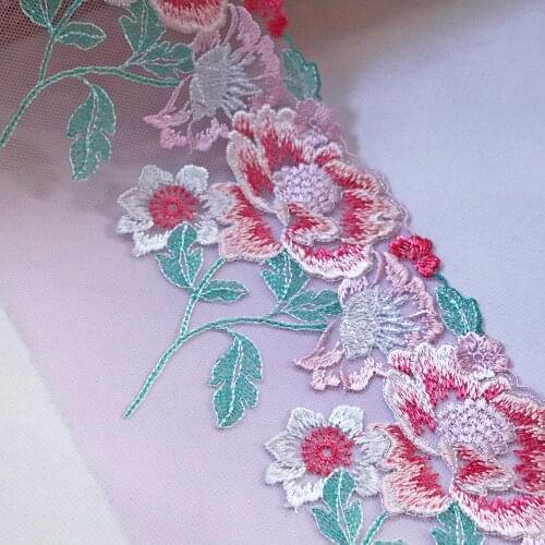 1 Meter 14 CM Wide Red Peony Flowers Embroidery Lace Trim Purple Mesh Fabrics For Bra Lingerie Underwear Womens Dress Decor DIY