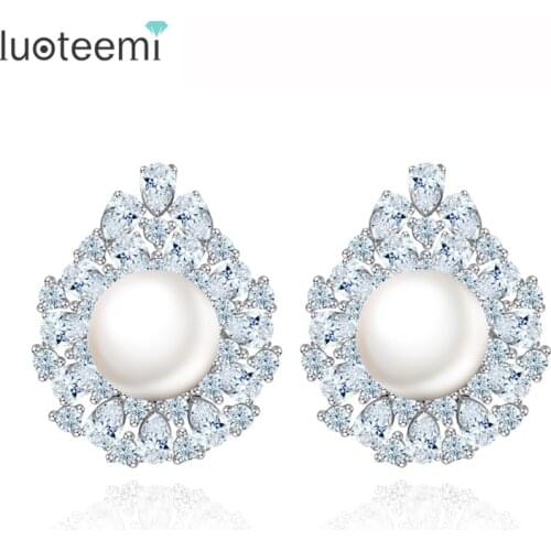 LUOTEEMI Free Shipping Small Size Waterdrop Imitation Pearl Stud Earrings Pave Clear CZ Stone Fashion Jewelry