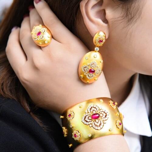 Missvikki Original Design DUBAI Statement Gold Earrings Bangle Ring Jewelry Sets for Women Earrings Bridal Wedding Jewelry Set