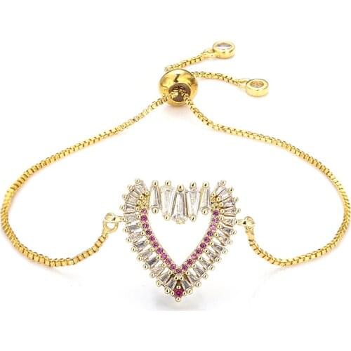 Fashion womens rainbow heart bracelets jewelry gold cz colorful zircon bracelet bangle adjustable chain bracelet for women