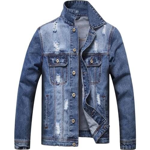 Mens Classic Blue Ripped Denim Jacket Casual Holes Destroyed Jean Coat Turn Down Collar Outerwear