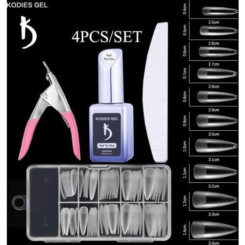 KODIES GEL 200/500 PCS False Nails Tip Set with Nail Glue French Clear Stiletto Capsule Coffin Fake Tips Manicure Nail Tool Kit