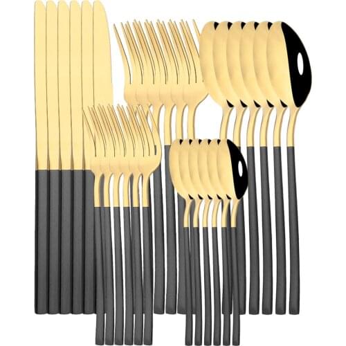 6/30Pcs Dinnerware Set Stainless Steel Black Gold Dinner Knife Dessert Fork Tea Spoon Cutlery Set Tableware Flatware Dishwasher