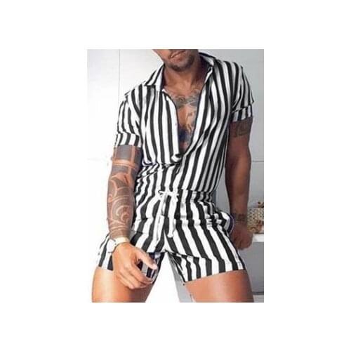 2021 New Men Two-piece Stripe Clothes Set Short Sleeve Turn-down Collar Shirt and Shorts