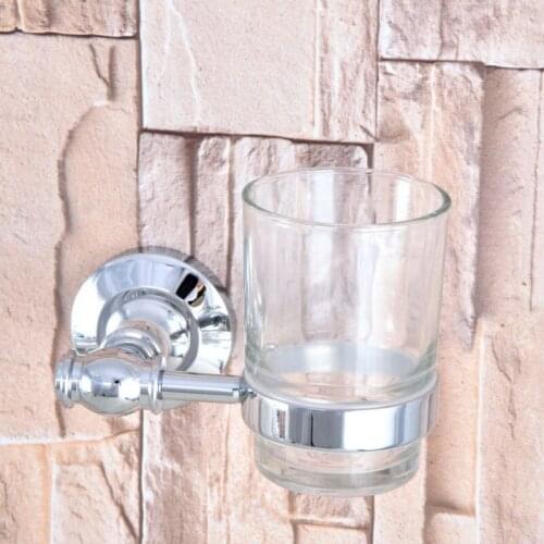 Polished Chrome Brass Single Toothbrush Holder With Glass Cup Wall Mounted Bathroom Accessories aba790