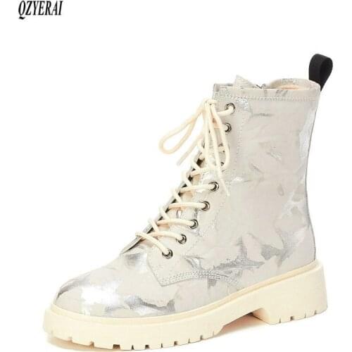 QZYERAI New style Genuine leather Martin boots Female boots Womens boots graffiti black cowhide Womens shoes