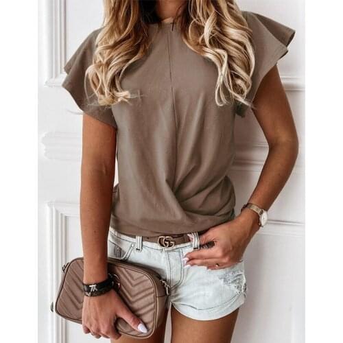 Fashion Solid Color T-shirt Women 2021 Summer O-neck Short Butterfly Sleeve Office Lady Casual Streetwear Tee Shirt Tops