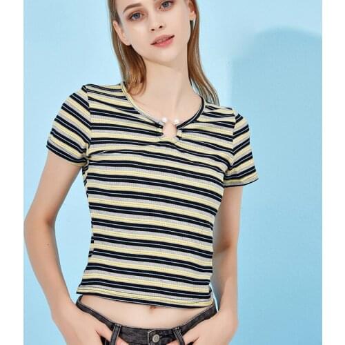 Fashion color stripe t-shirt female V-neck short sleeve pit stripe Knitted Top Female