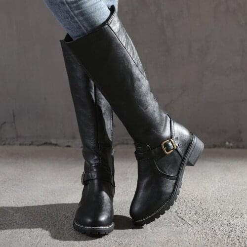 2021 New Design Women Elegant Knee High Boots Back Zipper Buckle Wrap Square Heels Non-Slip Female Comfort Shoes Plus Size 35-43