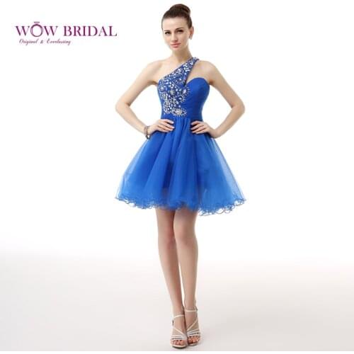 Wowbridal Blue One Shoulder Short Homecoming Dresses 2021 New Zipper Back Junior High Cute 8th Grade Graduation Dresses SH0007