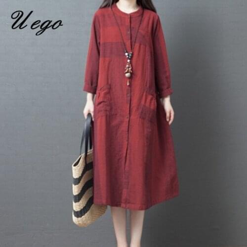 Uego 2021 New Arrival Long Sleeve Linen Cotton Spring Dress Fashion Plaid Blouse Dress Plus Size Women Casual Autumn Midi Dress