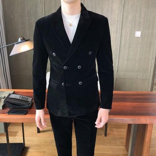Men Golden velvet Suit Wedding Groomsman Party Two Piece Suit High Quality Slim Blazer Masculino Business Casual Costume Homme