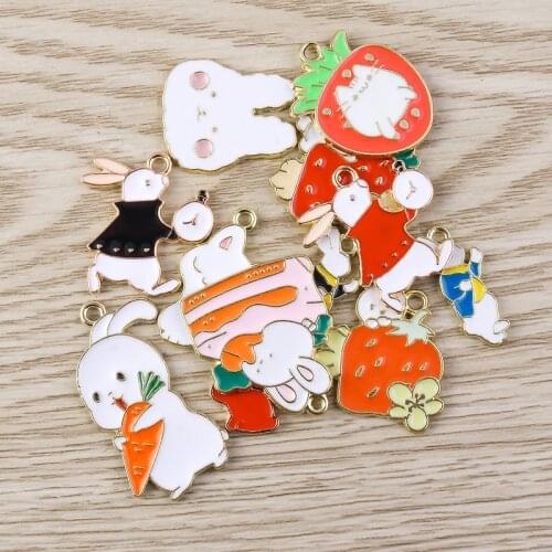 10pcs Cartoon Enamel Animal Rabbit Charms for Jewelry Making Fruit Strawberry Carrot Charms Pendants for DIY Necklaces Earrings
