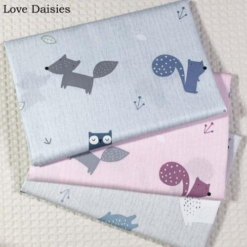 100% Cotton Twill Cartoon Light BLUE PINK GRAY Fox Owl Bear Fabric Kids Bedding Sheet Handwork Apparel Home Decor Craft