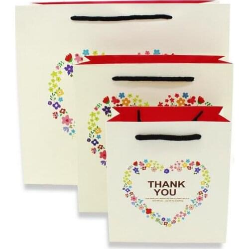 100PCS/LOT "Thank You" Paper Gift Bag 3 Different Size White Gifts Packing Floral Wreath Of Love Packaging Hand Bags ZA3409