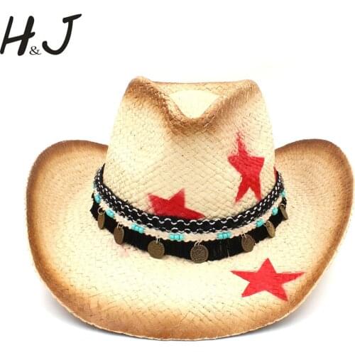 100% Straw Women Western Cowboy Hat With Tassel Leather Band Star Lady Dad Sombrero Hombre Cowgirl Jazz Caps Size 58CM