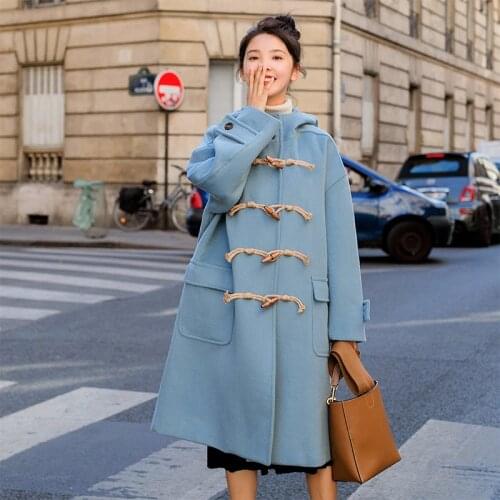 2020 new Long Turn Down Horn Button hooded collar long woolen womens jacket college wind winter windproof warm coat women
