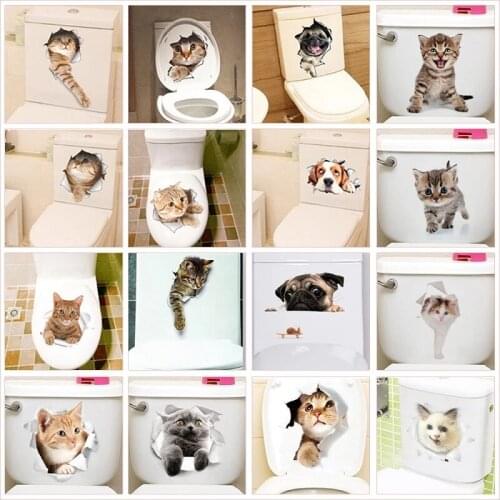 2021 Creative Cat Dog Toilet Sticker Home Decor Diy Funny Cartoon Animal Wc Mural Art Vivid 3d Cute Pvc Kitten Puppy Wall Decal